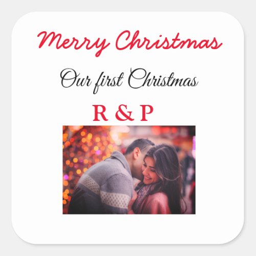 Our first Christmas add name photo wedding engaged Square Sticker