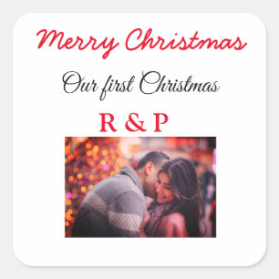 Our first Christmas add name photo wedding engaged Square Sticker