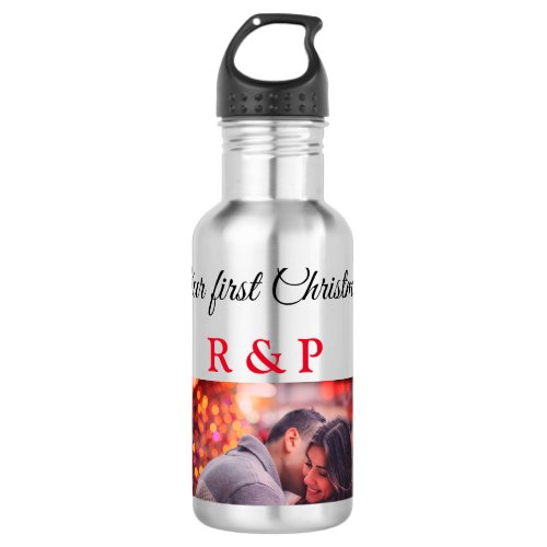 Our first Christmas add name photo wedding engaged Stainless Steel Water Bottle