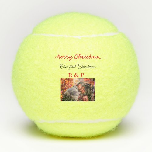 Our first Christmas add name photo wedding engaged Tennis Balls