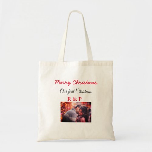 Our first Christmas add name photo wedding engaged Tote Bag