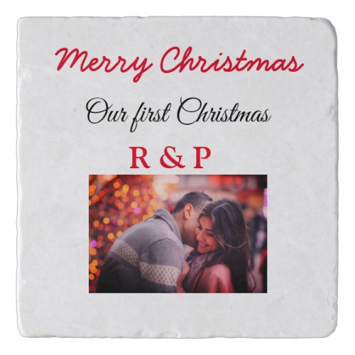 Our first Christmas add name photo wedding engaged Trivet