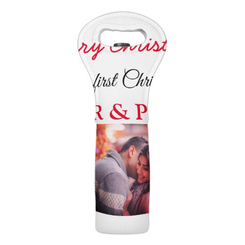Our first Christmas add name photo wedding engaged Wine Bag