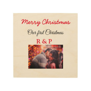 Our first Christmas add name photo wedding engaged Wood Wall Art