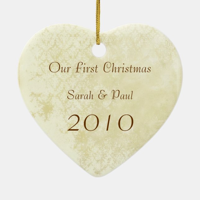 Our First Christmas Aged Damask Photo Ornament (Back)