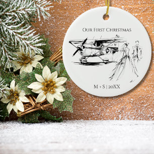 Our First Christmas Airplane Wedding Couple Photo Ceramic Ornament