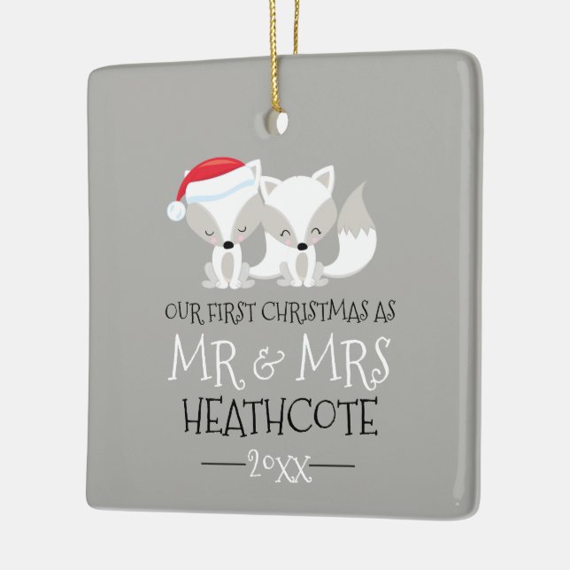 Our First Christmas Arctic Fox Personalized Ceramic Ornament (Left)