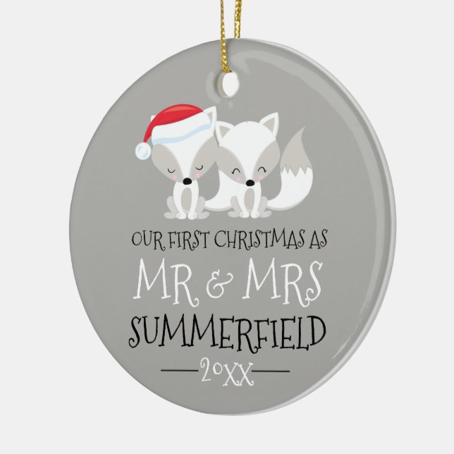 Our First Christmas Arctic Fox Personalized Ceramic Ornament (Left)