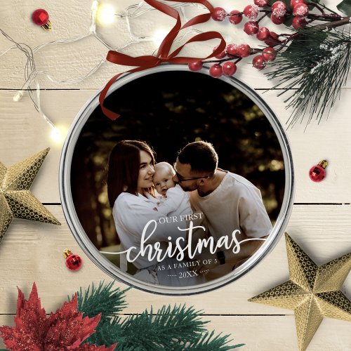 Our First Christmas As A Family Of 3 Elegant Photo Metal Ornament