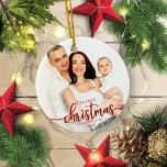 Our First Christmas As A Family Of 3 Red Script Ceramic Ornament<br><div class="desc">Our First Christmas As A Family Of 3 Red Script Ceramic Ornament</div>