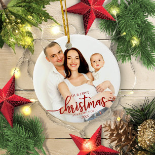 Our First Christmas As A Family Of 3 Red Script Ceramic Ornament