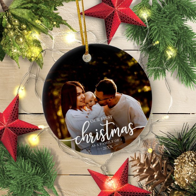 Our First Christmas As A Family Of 3 White Script Ceramic Ornament (Creator Uploaded)