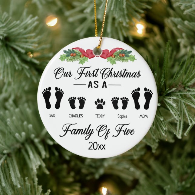 Our First Christmas as a Family Of Five Footprint Ceramic Ornament (Tree)