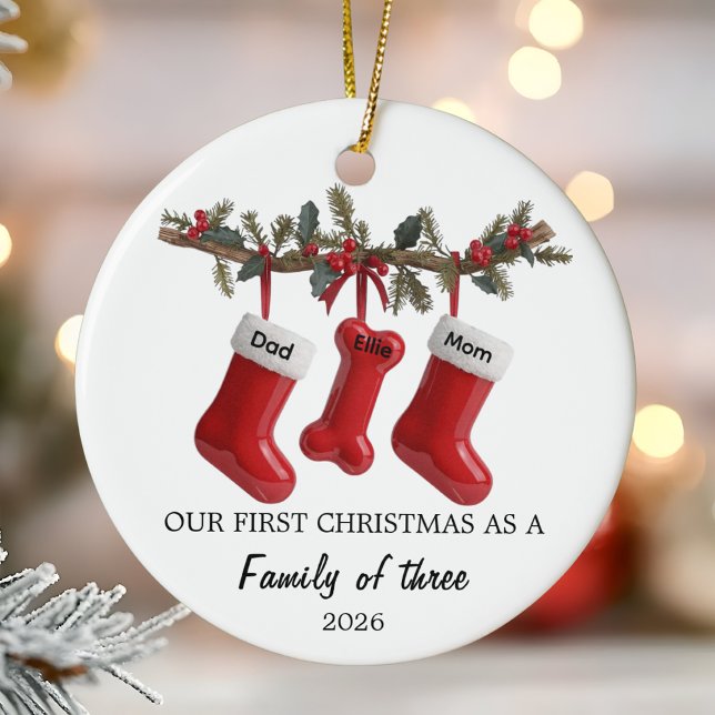 Our First Christmas as a Family of Three with Dog Ceramic Ornament (Creator Uploaded)