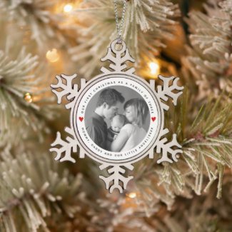 Our first Christmas as a family red hearts photo Snowflake Pewter Christmas Ornament