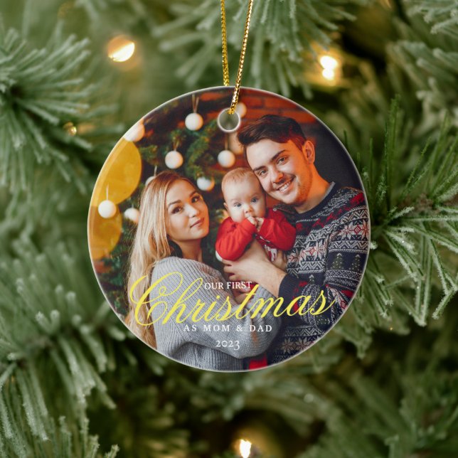 Our First Christmas as a MOM and DAD with Photo Ceramic Ornament (Tree)