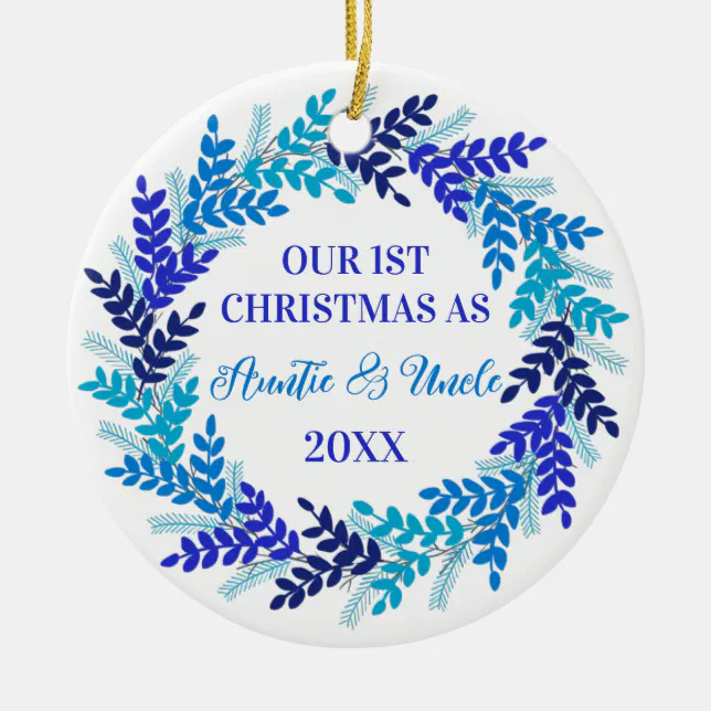 Our First Christmas as Auntie and Uncle Blue Ceramic Ornament | Zazzle