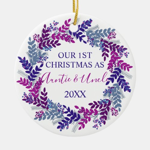 Our First Christmas as Auntie and Uncle Purple Ceramic Ornament