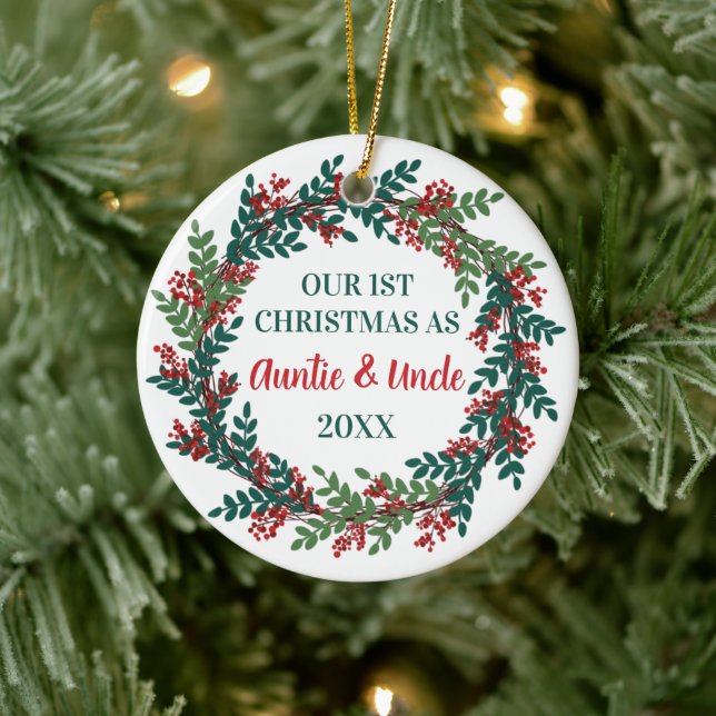 Our First Christmas as Auntie and Uncle Wreath Ceramic Ornament (Tree)