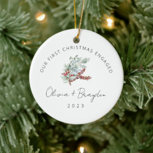 Our First Christmas As Engaged Eucalyptus Ceramic Ornament