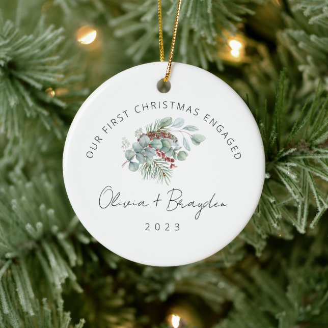 Our First Christmas As Engaged Eucalyptus Photo Ceramic Ornament (Tree)