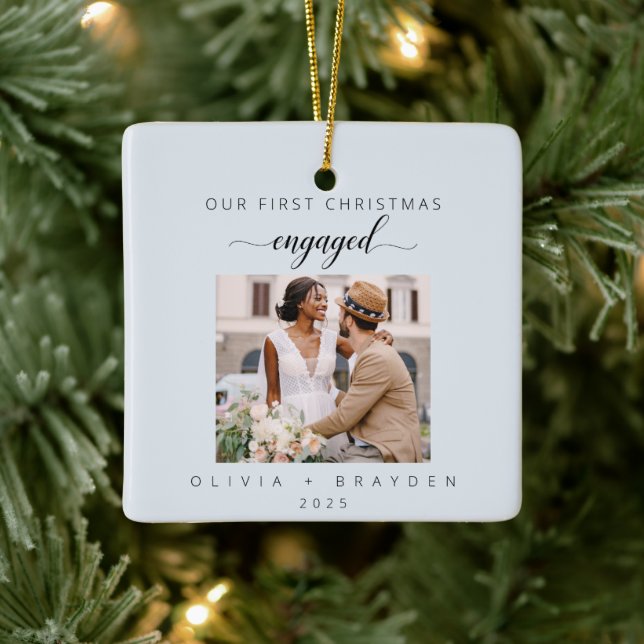 Our First Christmas As Engaged Winter Photo Ceramic Ornament (Tree)