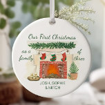 Our First Christmas as Family of 3 Cozy Stockings Ceramic Ornament<br><div class="desc">Christmas ornament keepsake for your first christmas as a famiy of 3. The design features a cozy fireplace with rustic decorations and 3 Christmas stockings. The wording reads "Our First Christmas as a family of three". You can personalize the design with your names on the front and the year on...</div>
