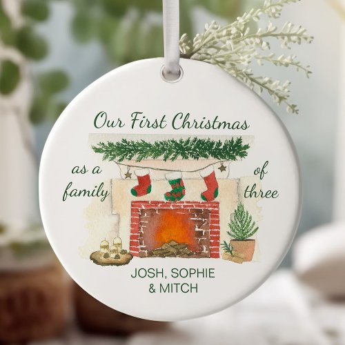 Our First Christmas as Family of 3 Cozy Stockings Ceramic Ornament