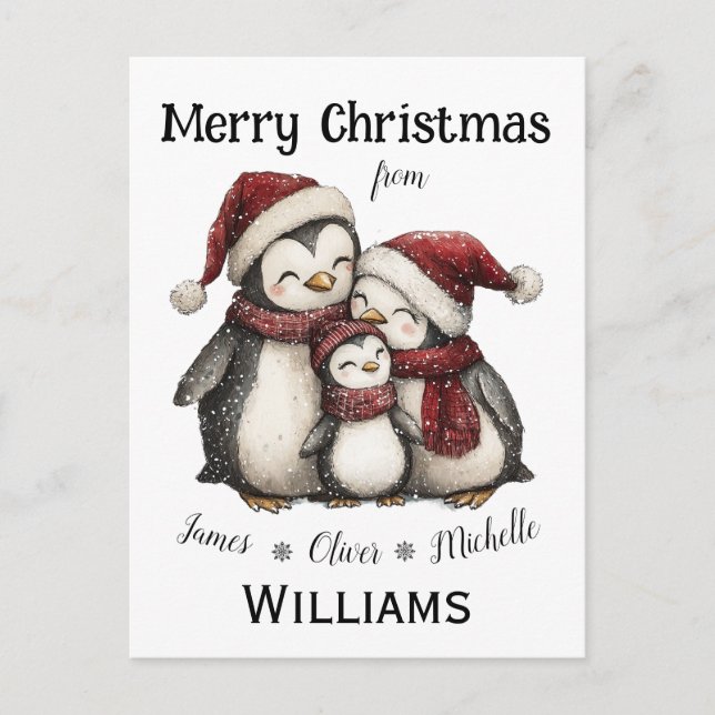 Our First Christmas as Family of Three Penguins Postcard (Front)