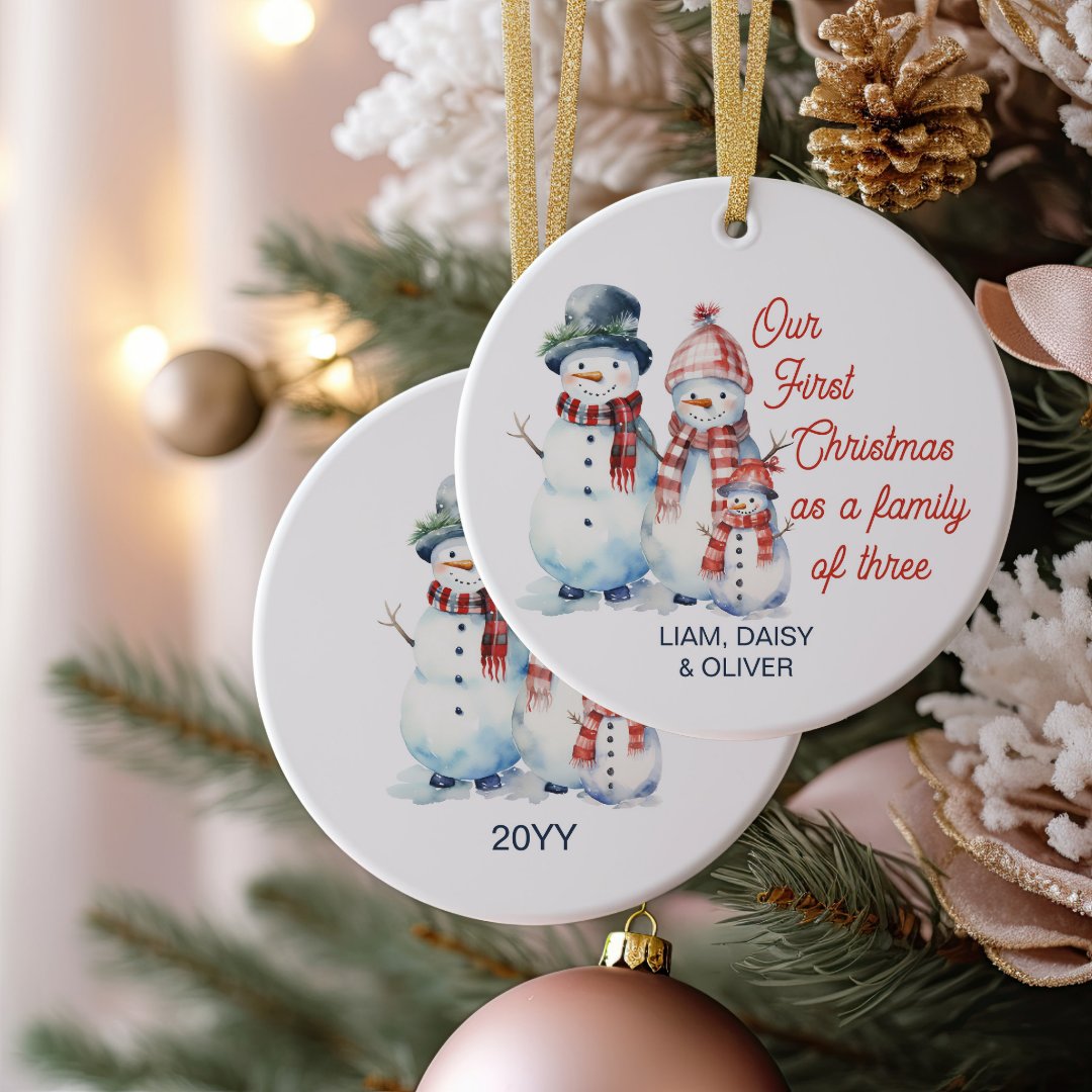 Our First Christmas as Family of Three Snowman Ceramic Ornament