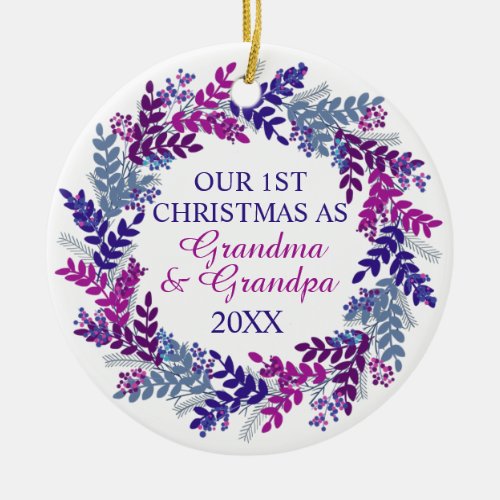 Our First Christmas as Grandma and Grandpa Purple Ceramic Ornament