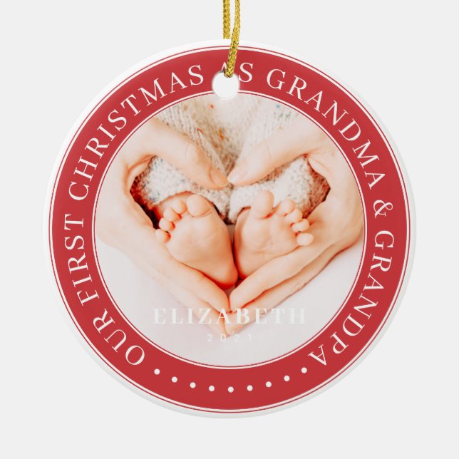 Our First Christmas As Grandma And Grandpa Simple Ceramic Ornament (Front)