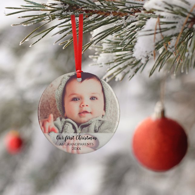 Our First Christmas as Grandparents 2 Photo Script Ceramic Ornament (Creator Uploaded)