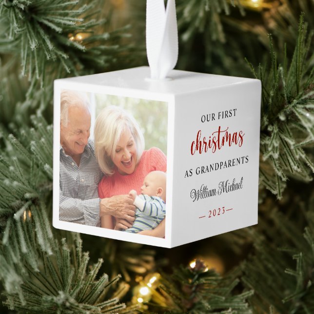 Our First Christmas as Grandparents Baby Photo Cube Ornament (Tree)