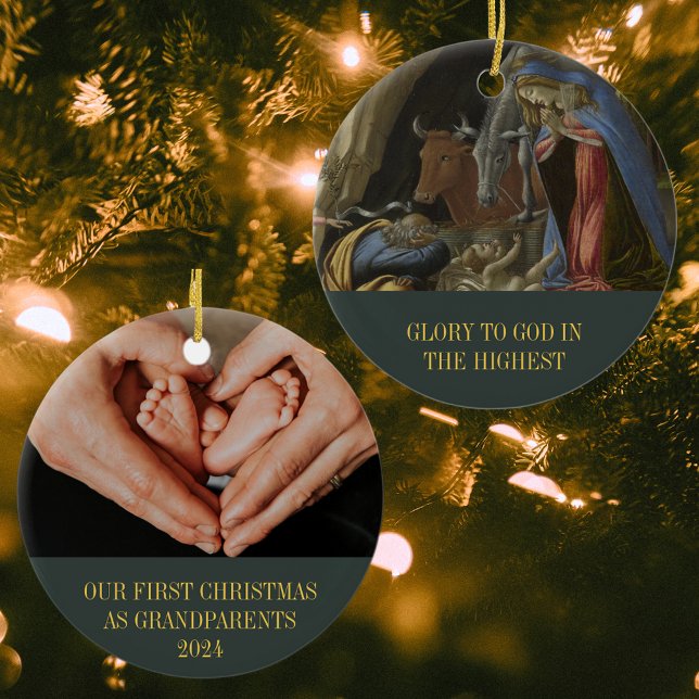 Our First Christmas As Grandparents Christian Art Ceramic Ornament (Our First Christmas As Grandparents Religious Christian Catholic Nativity Sandro Bottocelli Ornament)