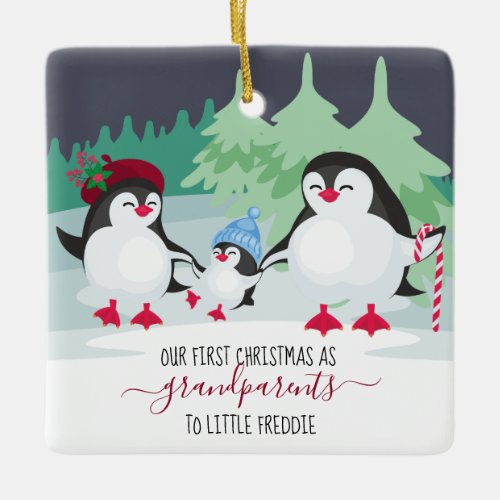 Our First Christmas as Grandparents Cute Penguins Ceramic Ornament