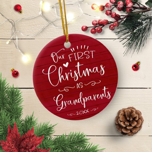 Our First Christmas As Grandparents Cute Rustic Ceramic Ornament (Creator Uploaded)