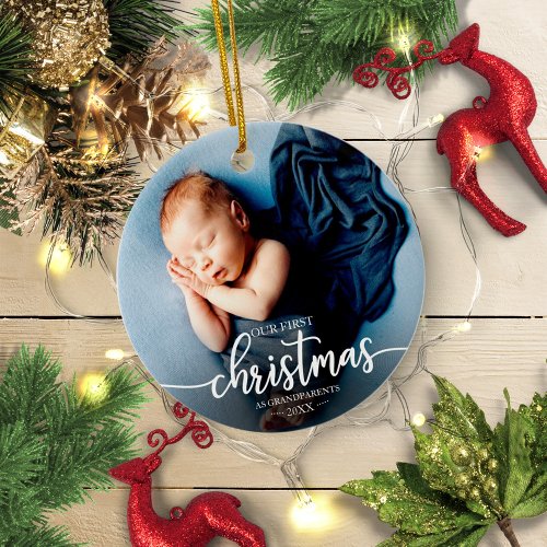 Our First Christmas As Grandparents Elegant Photo Ceramic Ornament