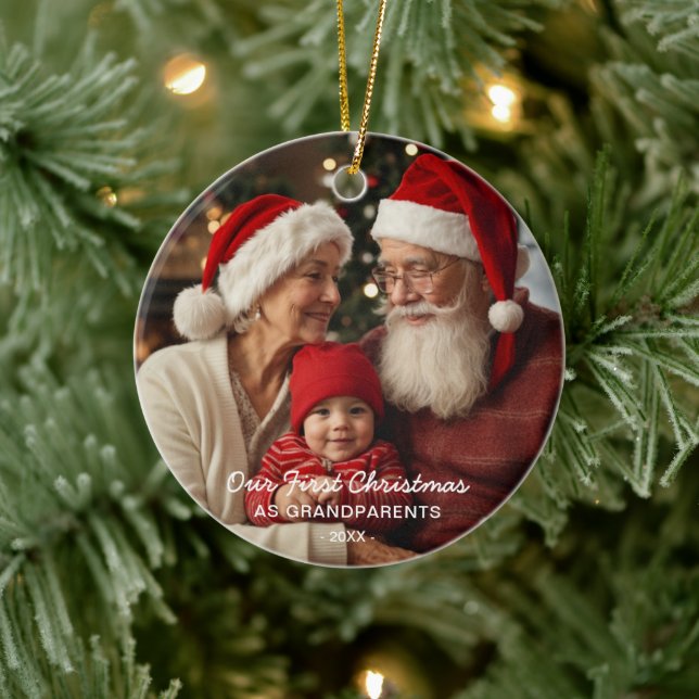 Our First Christmas As Grandparents Family Photo Ceramic Ornament (Tree)