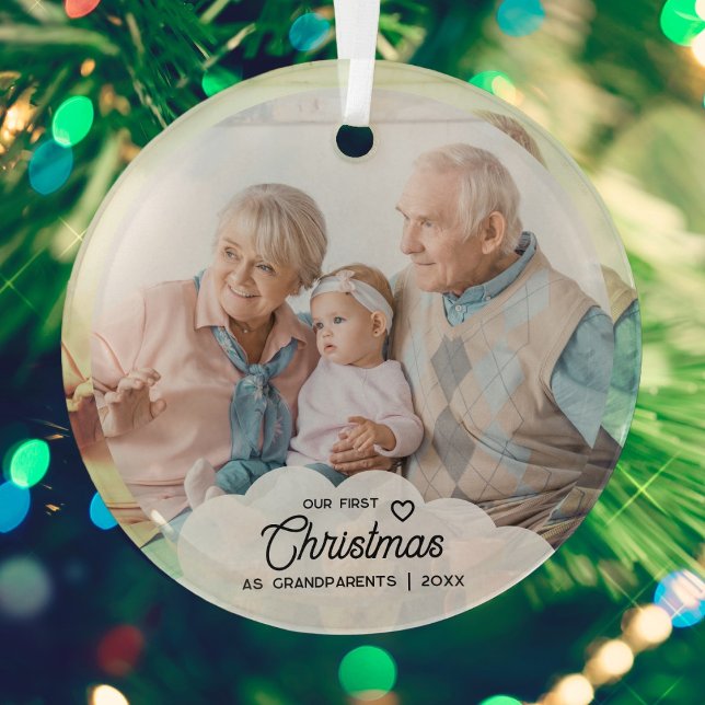 Our First Christmas As Grandparents Family Photo Glass Ornament (Creator Uploaded)