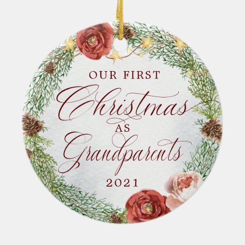 Our First Christmas as Grandparents Floral Ceramic Ornament