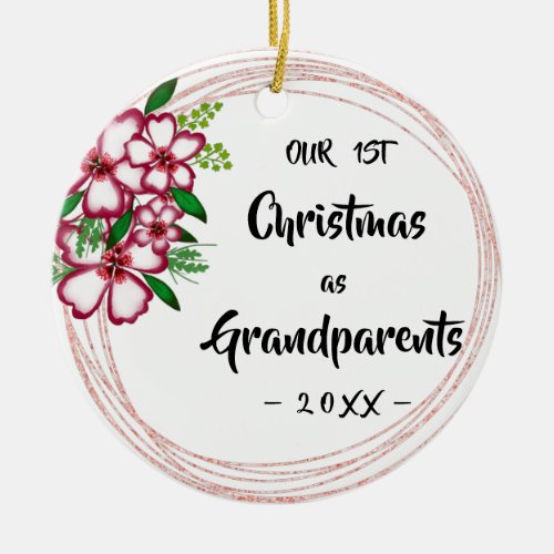 Our First Christmas as Grandparents Floral Photo Ceramic Ornament