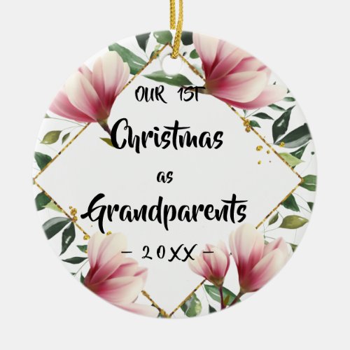 Our First Christmas as Grandparents Floral Photo Ceramic Ornament
