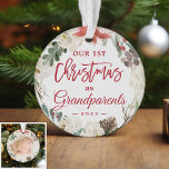 Our First Christmas as Grandparents Floral Photo Ornament<br><div class="desc">***** Don't forget to upload your favorite photo on the back. If you don't need the photo placement, you can remove it using design tool ***** Celebrate your First Christmas as Grandparents with this Poinsettia Floral Wreath Photo Ornament. Adding a favorite photo and text to this graceful design for a...</div>