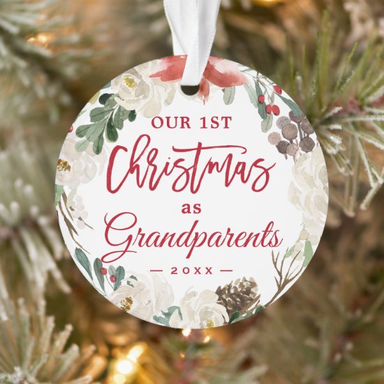 Our First Christmas as Grandparents Floral Photo Ornament