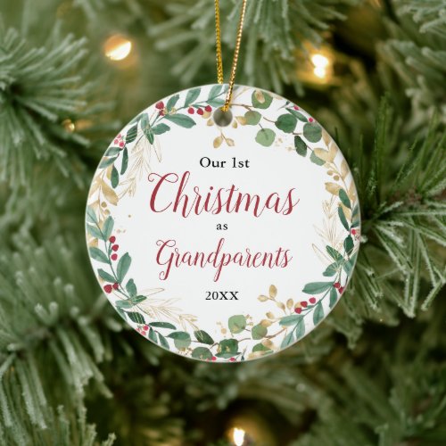 Our first Christmas as grandparents greenery gold Ceramic Ornament