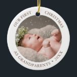 Our First Christmas as Grandparents Modern Photo Ceramic Ornament<br><div class="desc">Our First Christmas as Grandparents Modern Photo Ceramic Ornament in rosewood light brown color and white</div>