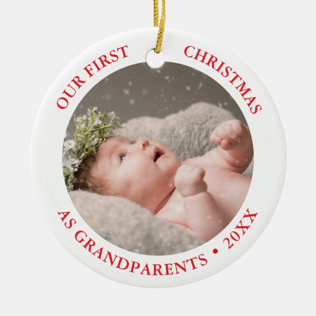 Our First Christmas as Grandparents Modern Photo Ceramic Ornament (Front)