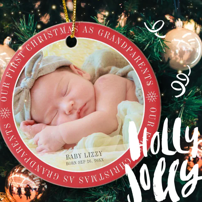 Our First Christmas As Grandparents Modern Photo Ceramic Ornament | Zazzle