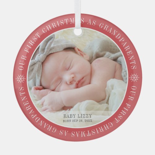 Our First Christmas As Grandparents Modern Photo Glass Ornament